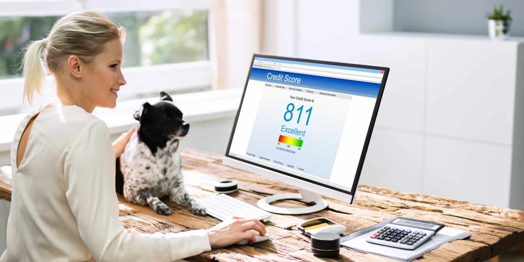 Credit,Score,Check,Online,For,Business,Loan women with dog checking clearscore for creditscore
