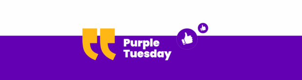 Purple tuesday banner Half white and purple banner with white text that reads "Purple Tuesday"
