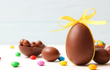 Plain milk chocolate easter eggs with yellow ribbon