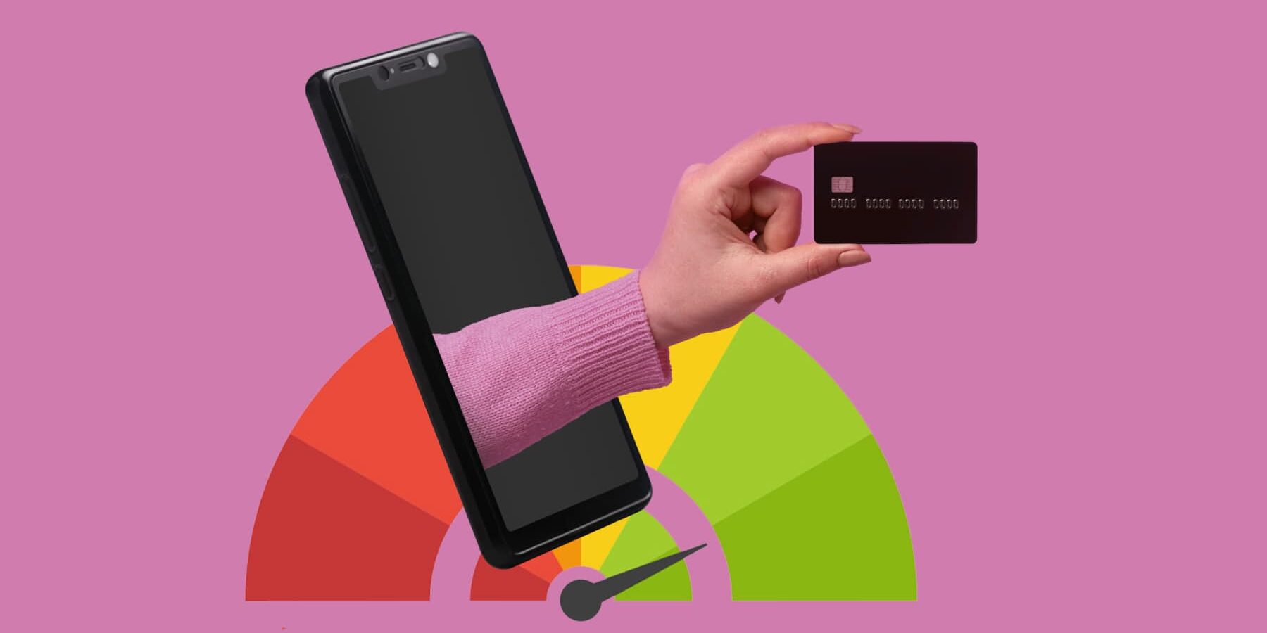 how-to-use-a-credit-card-to-build-credit-feature-1 An image of a colourful credit score meter with an arm holding a credit card poking out of a mobile on a pink background.