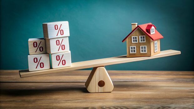 A wooden seesaw balancing house blocks and percentage blocks.
