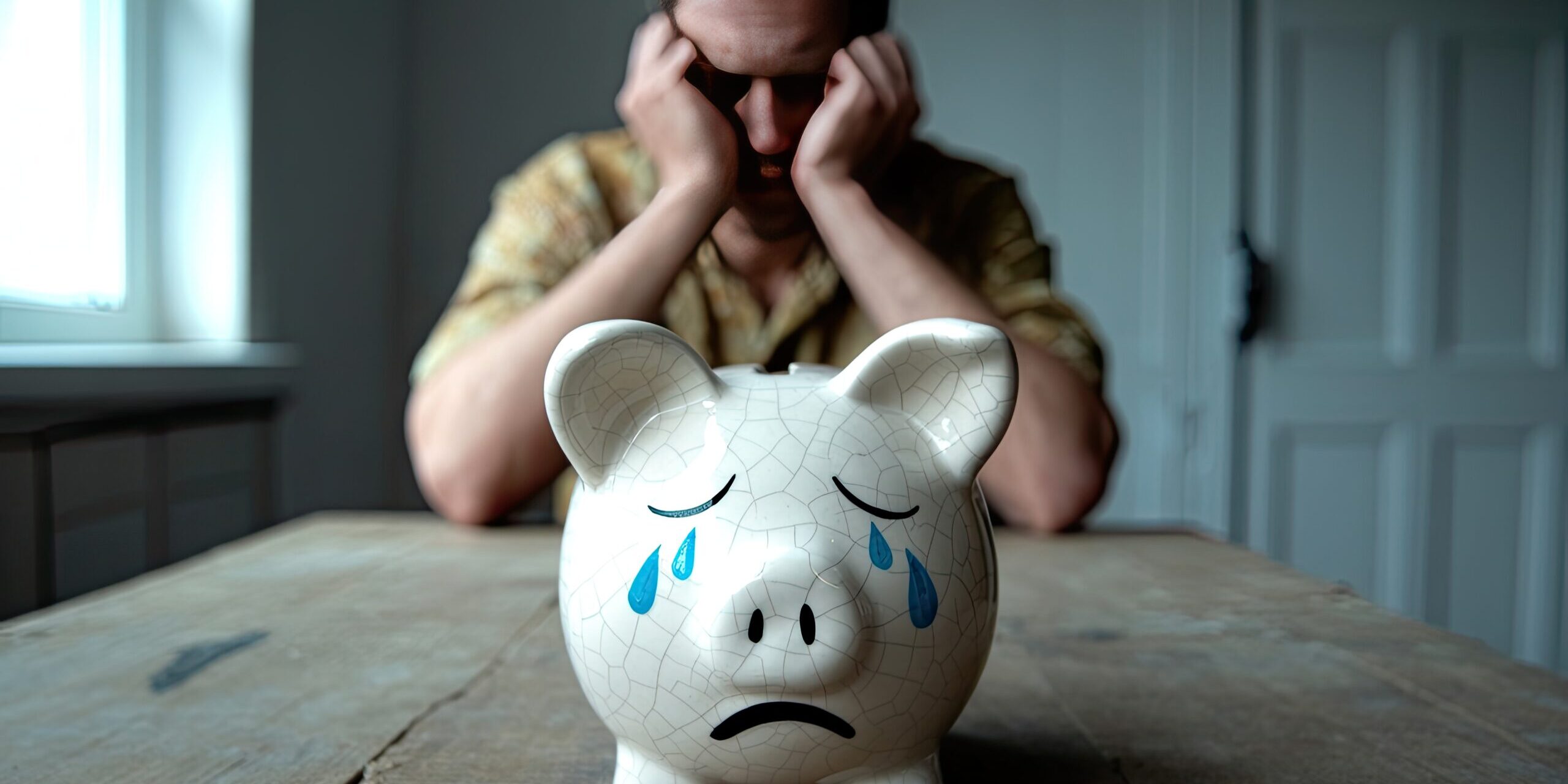 Man stressed about money looking over a sad piggybank